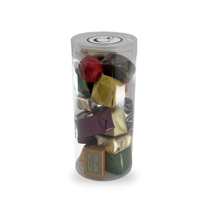 The See-Through Gift Tube — a clear tube of assorted wrapped chocolates with the Chocolate Counter lid