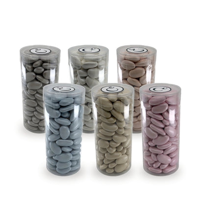 Jordan Almonds in six colors — silver grey metallic, blue pearl, white pearl, ivory pearl, pink pearl and dark pink — in clear tubes