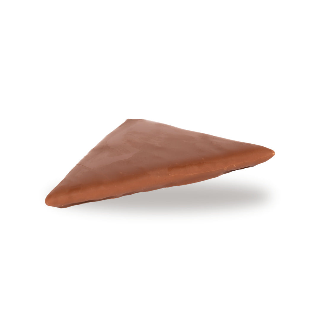 A whole Jumbo Crêpe Triangle — a milk chocolate triangle with caramelized sugar