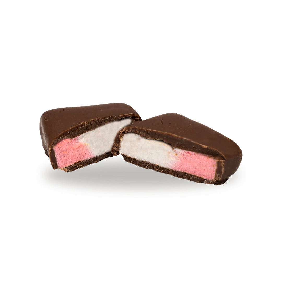 A milk chocolate Marshmallow broken open, showing the filling inside