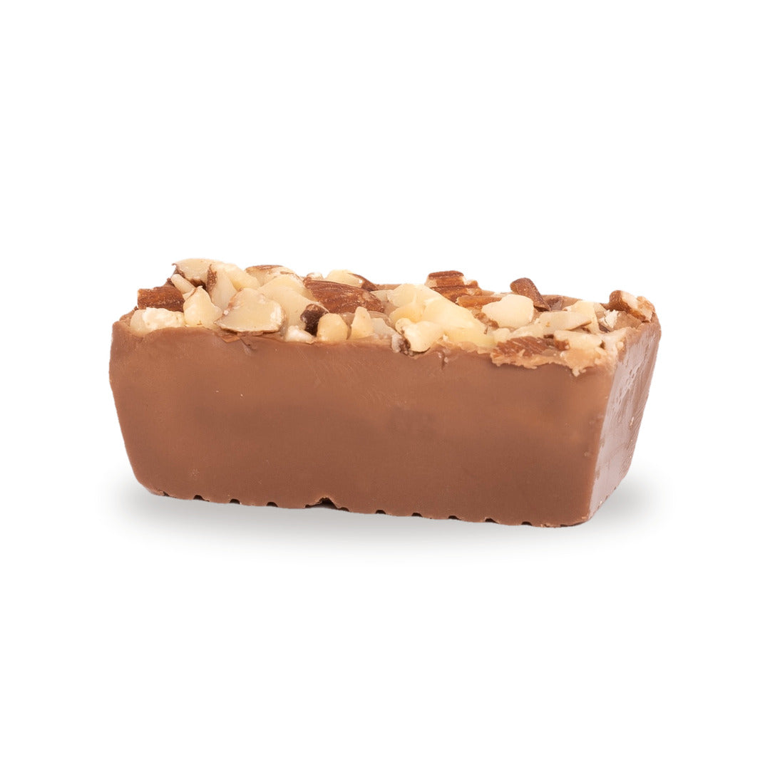 A whole Peanut Almond Praline — a milk chocolate piece with biscuit
