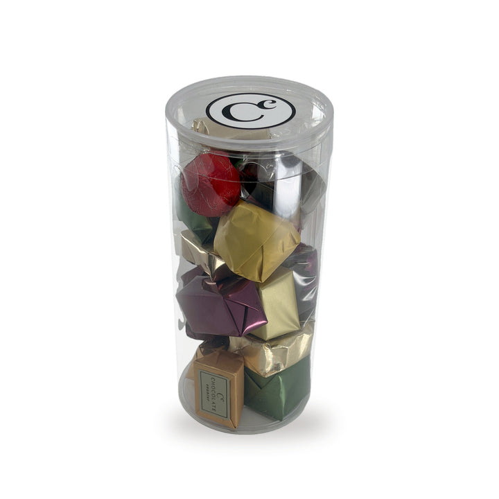 The See-Through Gift Tube from above, showing the Chocolate Counter lid