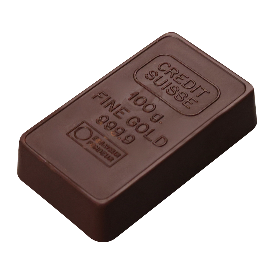 Gold bar with 'Credit Suisse' on a white background