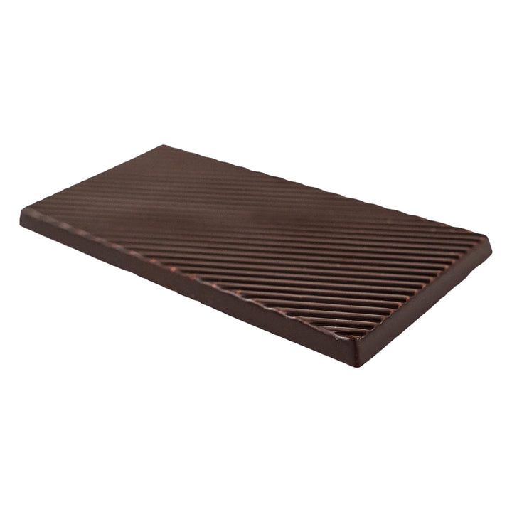 Rectangle dark chocolate bar with lined surface pattern.