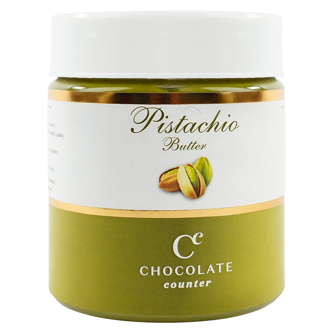 Jar of Pistachio Butter with green label and pistachio illustration.