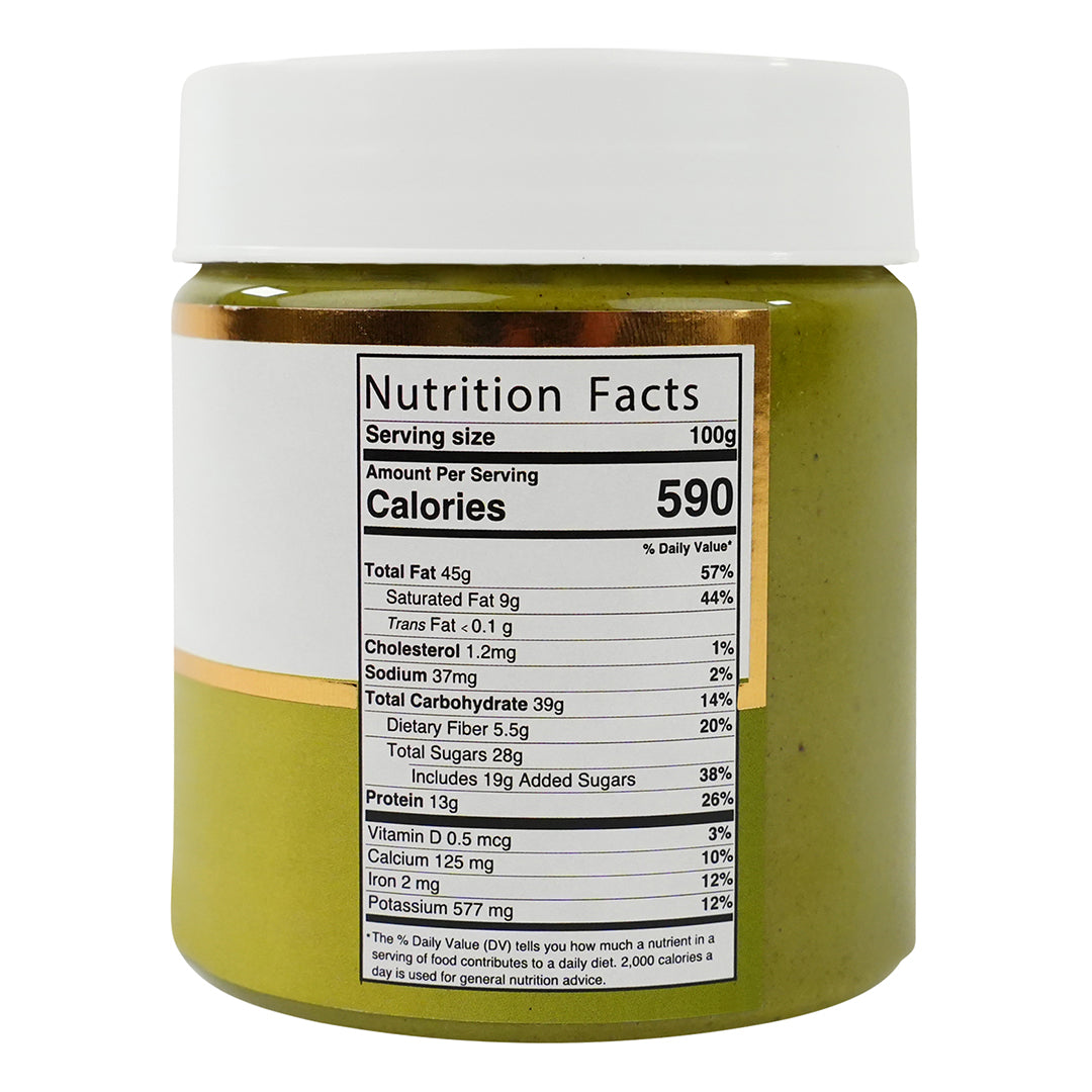 Pistachio Butter jar with nutrition facts label showing calories and nutrients.
