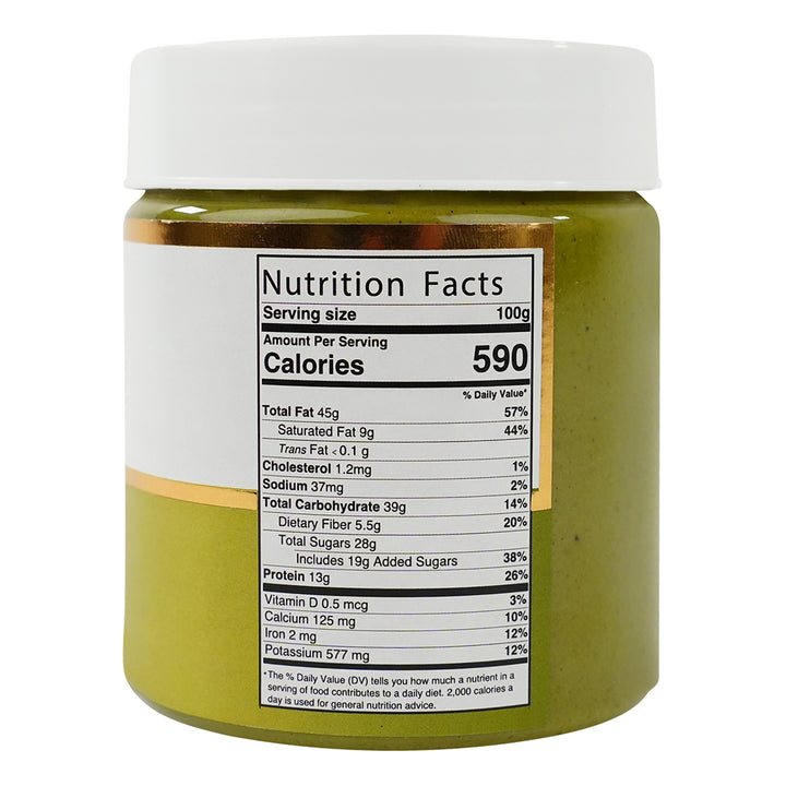 Pistachio Butter jar with nutrition facts label showing calories and nutrients.
