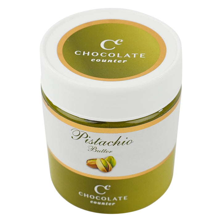 Pistachio Butter jar with branded Chocolate Counter lid and label.