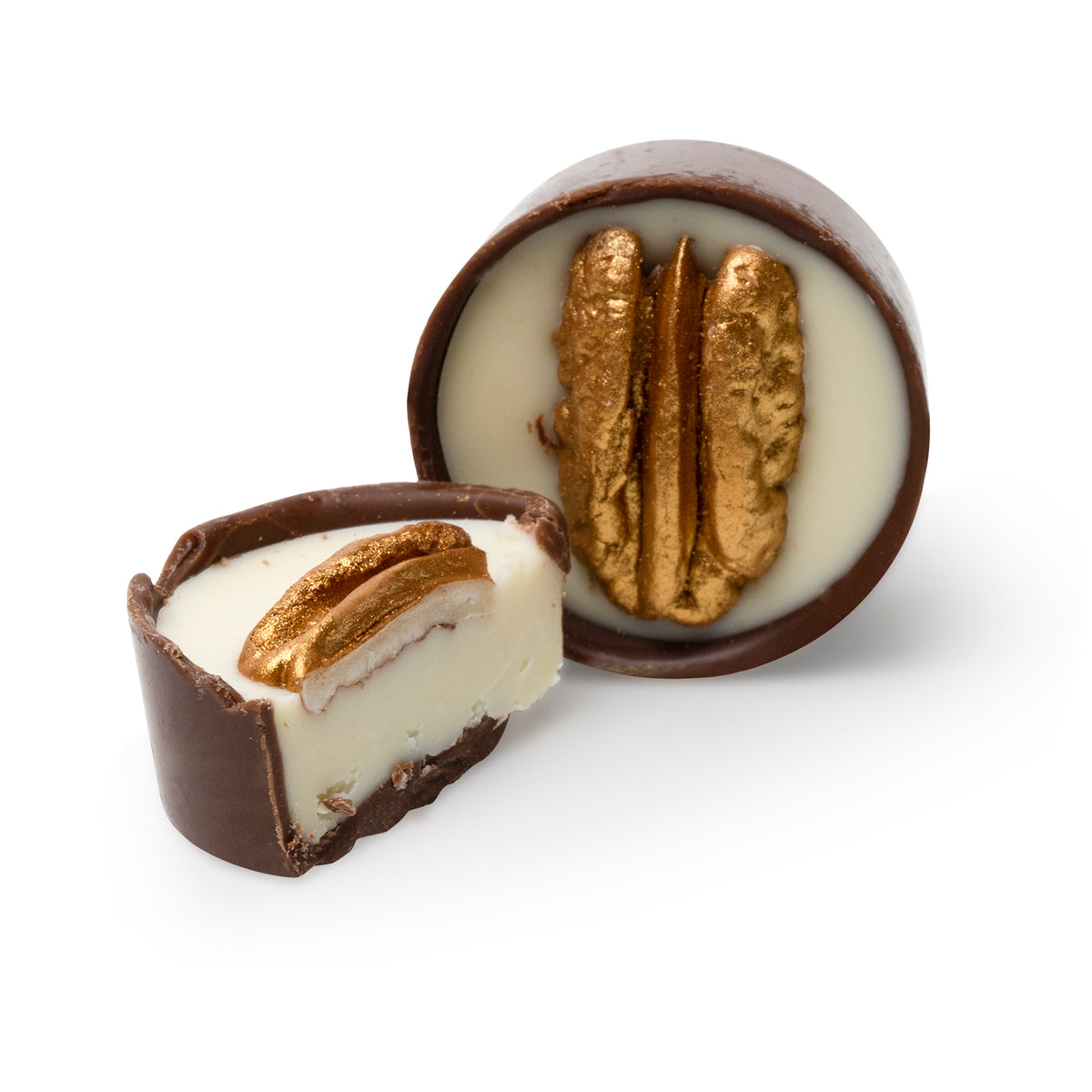 Interior view showing white mastic filling and pecan topping in chocolate cup