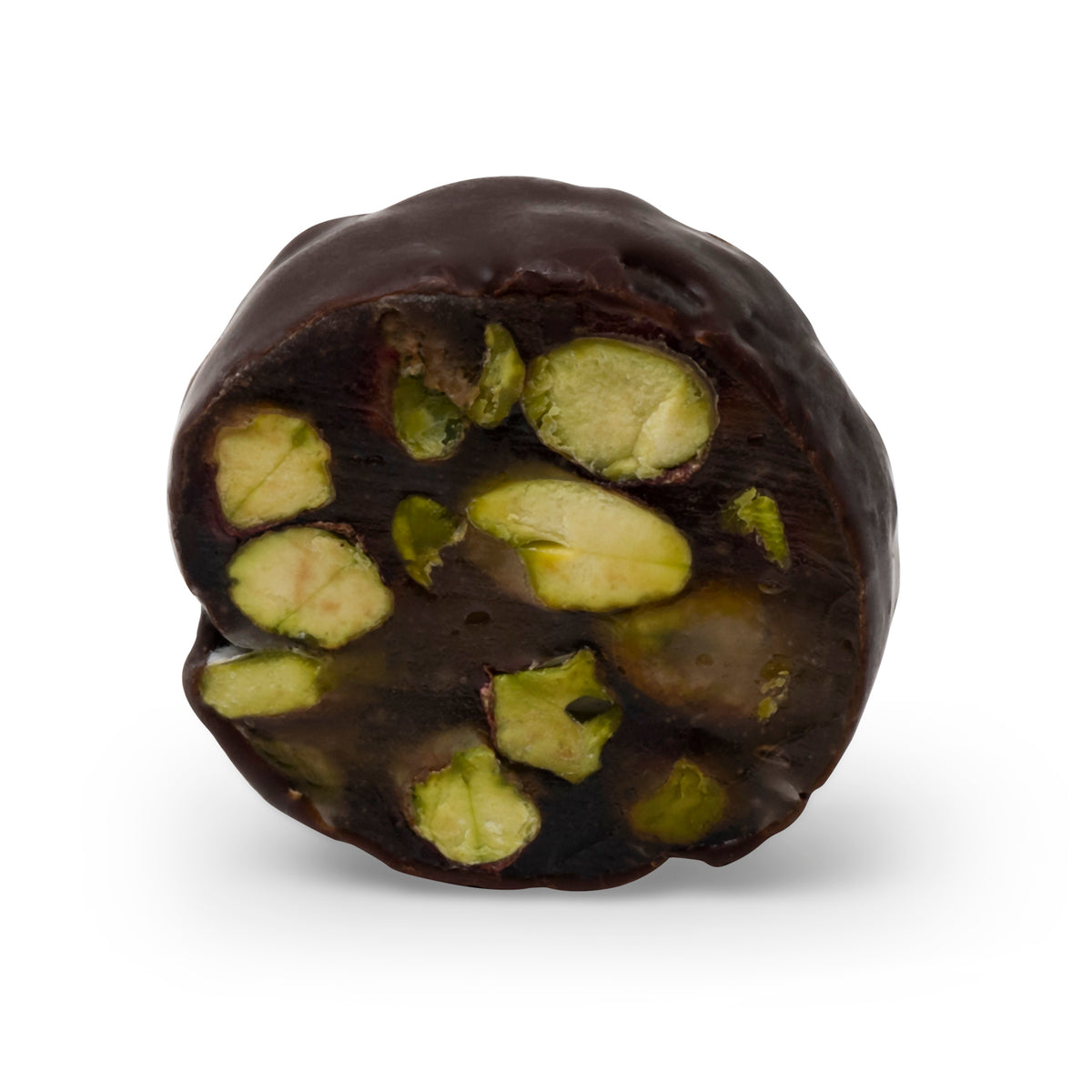 Round dark chocolate-covered fruit jelly with pistachios, Malban Round Dark by Chocolate Counter