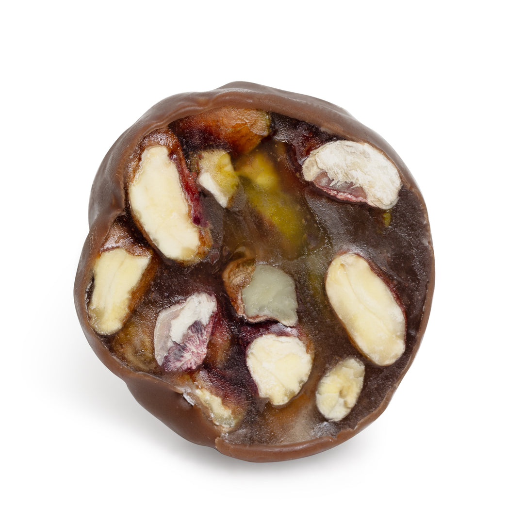 Round fruit jelly delight filled with pistachios, Malban Round by Chocolate Counter