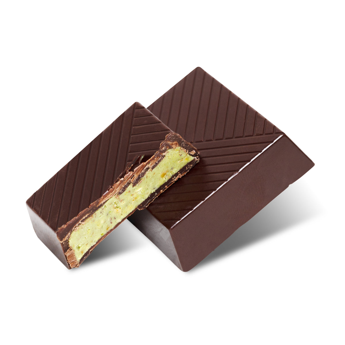 Square dark chocolate with textured top, Pistachio Paste With Pistachio Dark by Chocolate Counter

Interior view showing pistachio paste center in dark chocolate square