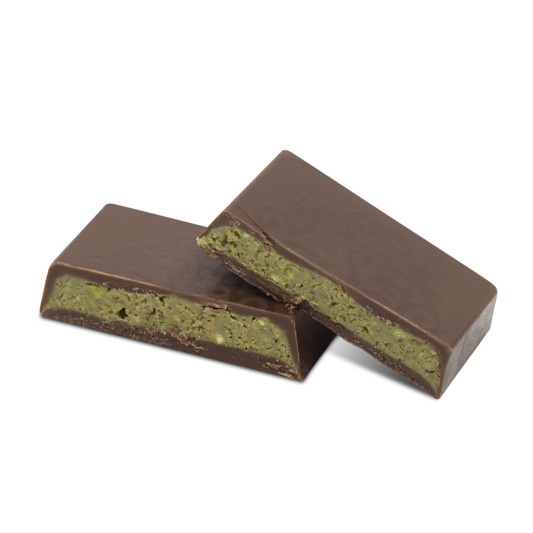 Cross-section showing pistachio and knefe layers inside Dubai milk chocolate