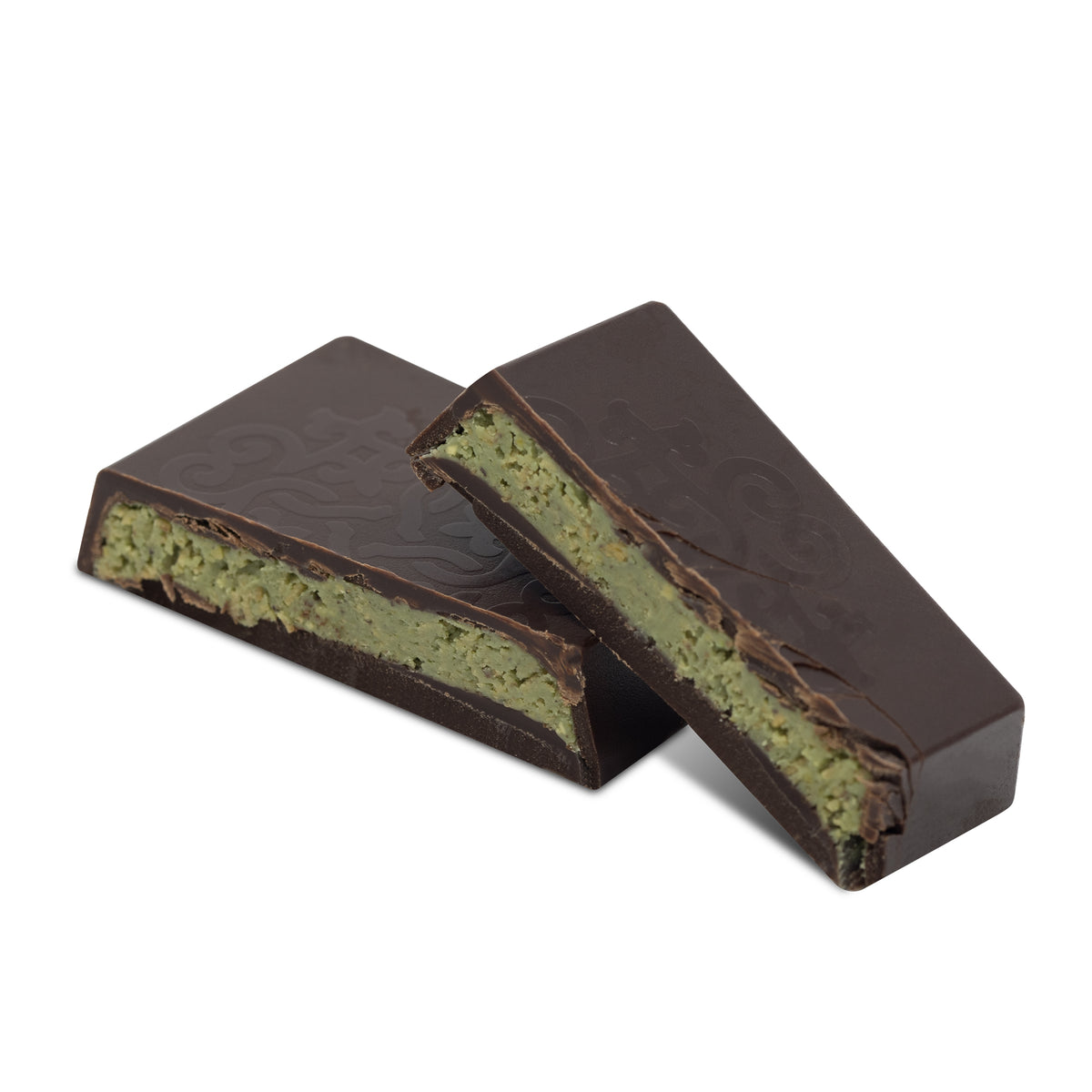 Dubai Dark chocolate with pistachio cream filling, cross-section view