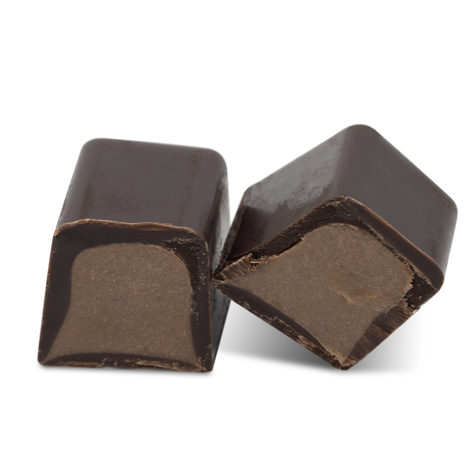 Interior view showing orange cream filling inside dark chocolate shell