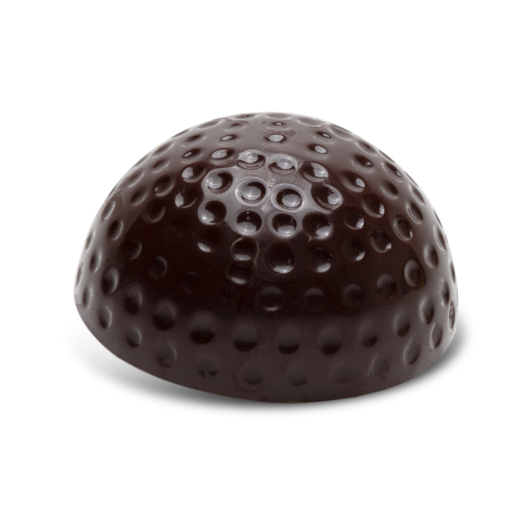 Dome-shaped dark chocolate with praline and shredded nut filling