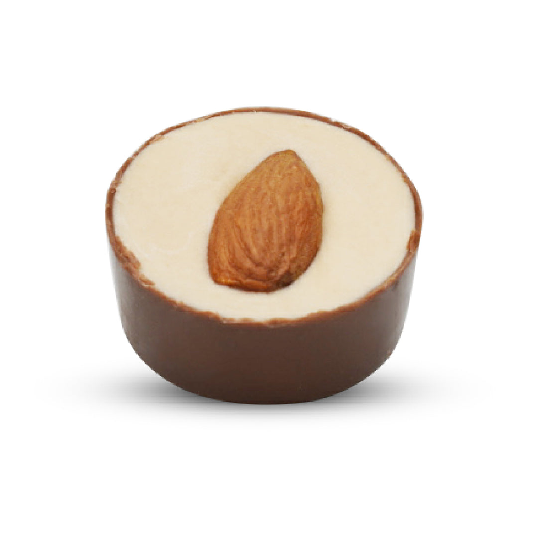 Salted caramel milk chocolate cup topped with whole almond