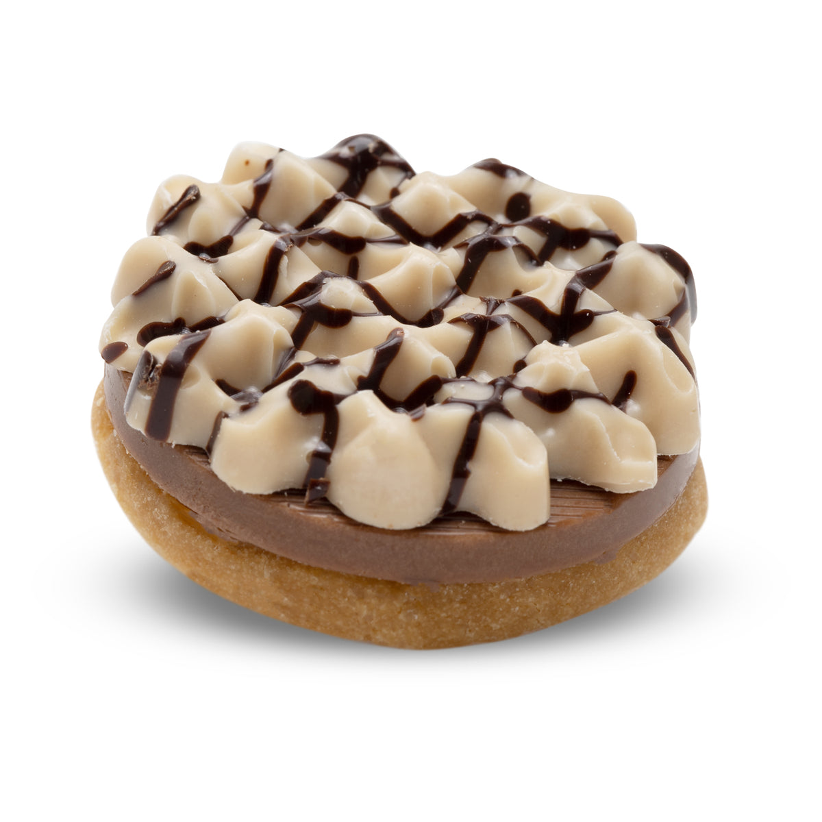 Biscocream cookie topped with white and dark chocolate drizzle
