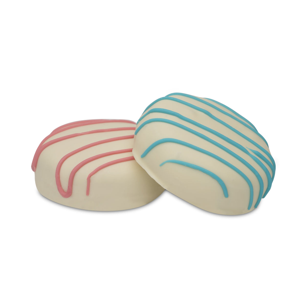 Cocoa cookie treats coated in white chocolate with pink and blue drizzle