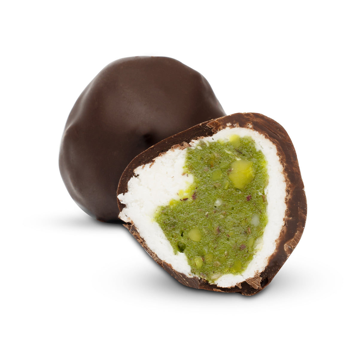 Cross-section showing green pistachio center and coconut layer
