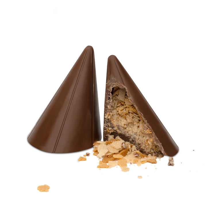 Milk chocolate cone with crepe filling exposed