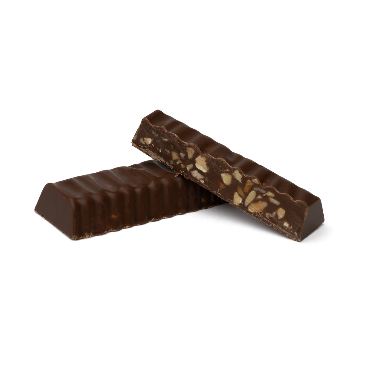 Long milk chocolate bar with chopped nut filling exposed
