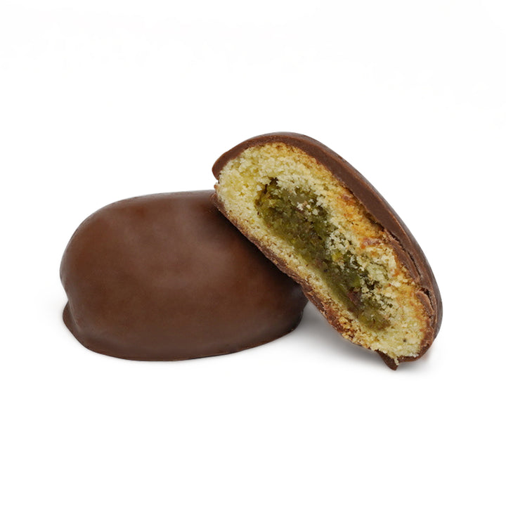 Cross-section of Mamoul cookie with pistachio center