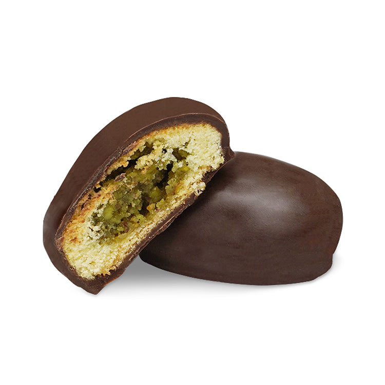 Inside view showing pistachio center in dark chocolate Mamoul