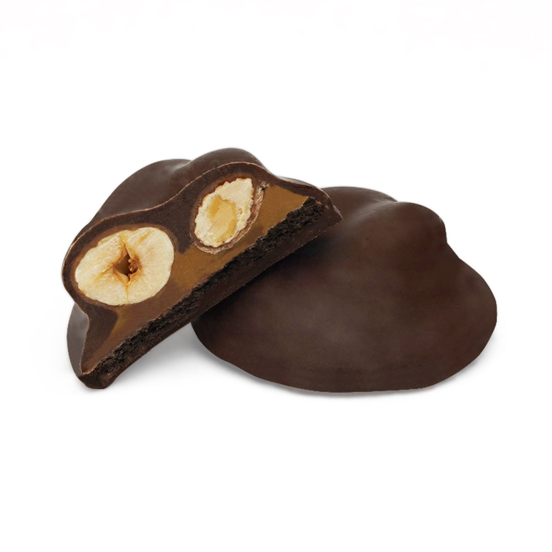 Inside view of chocolate with hazelnut, almond, and cocoa cookie layers