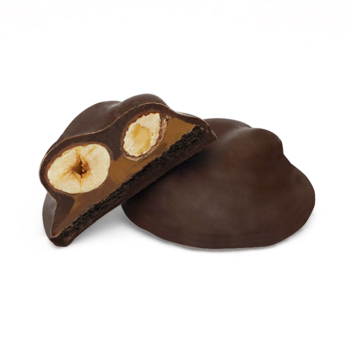 Inside view of chocolate with hazelnut, almond, and cocoa cookie layers