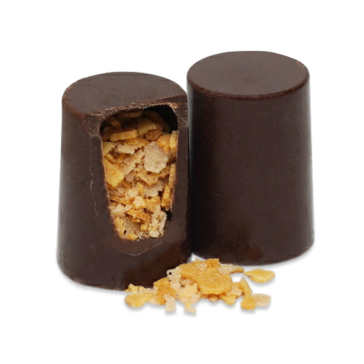 Cross-section of Feuilletine Dark chocolate showing crispy flakes inside.