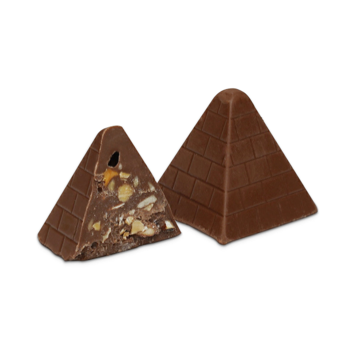 Chocolate pyramid sliced open showing chopped nuts inside