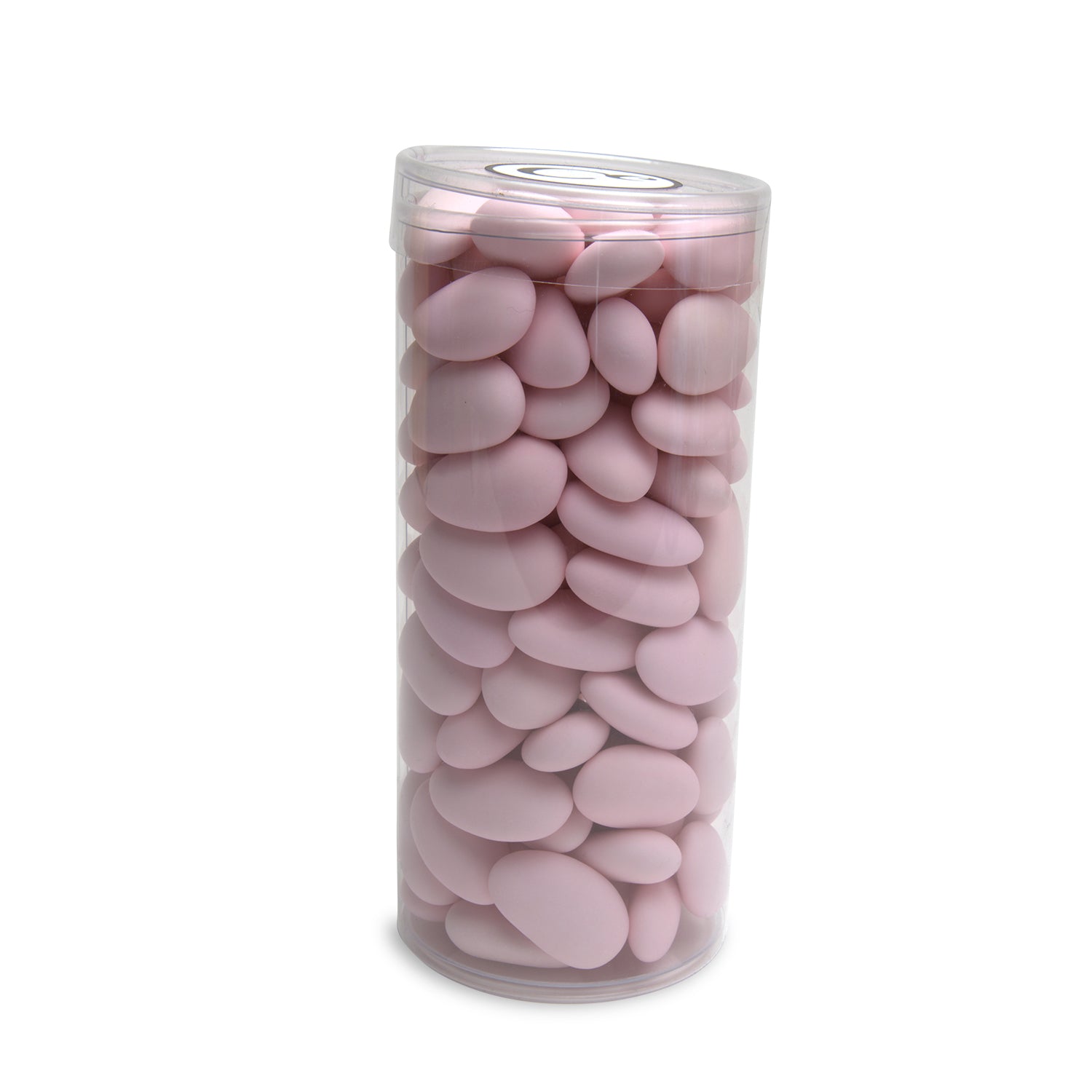 Pink Jordan almonds in tall clear box
