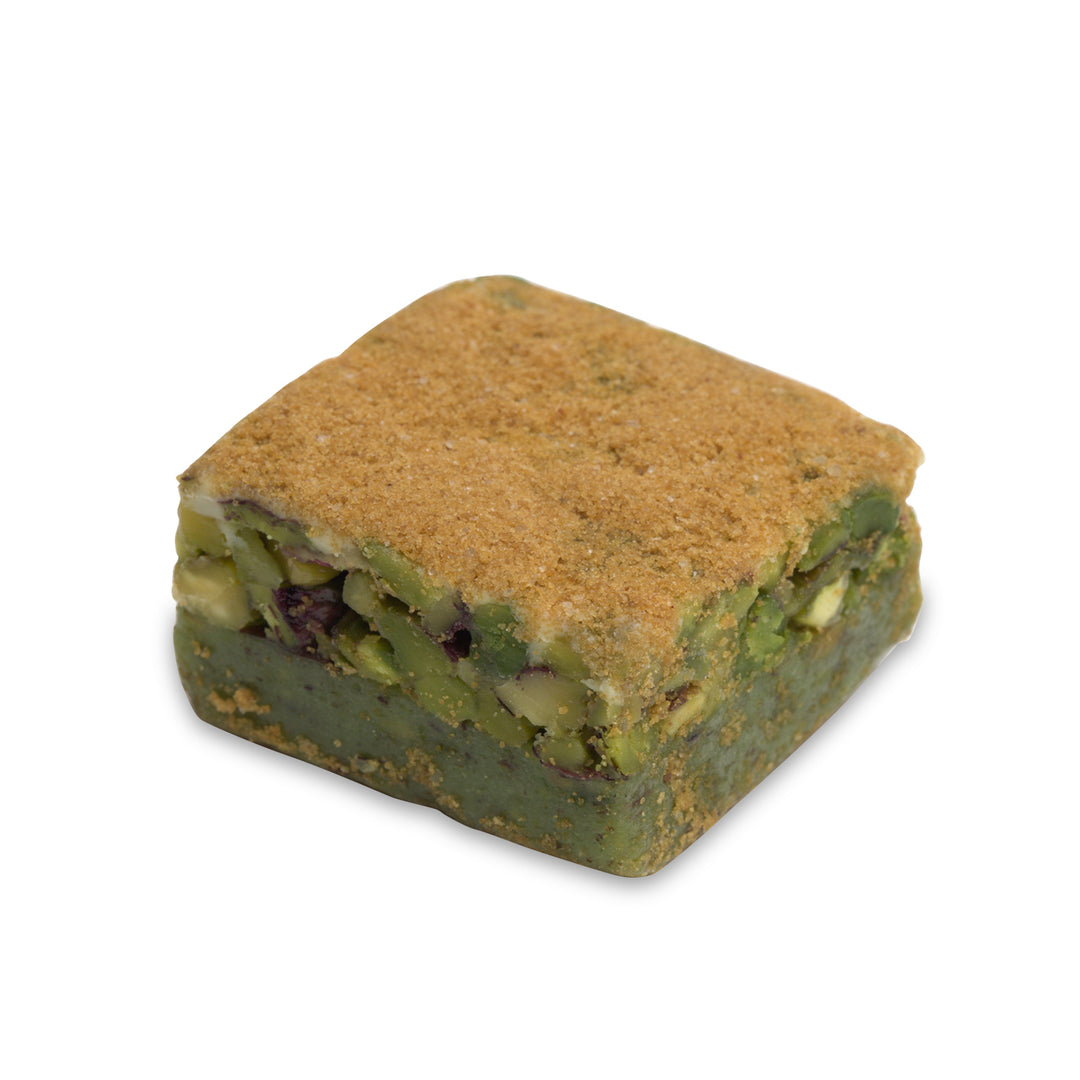 Square pistachio madlouka with cookie crumb topping